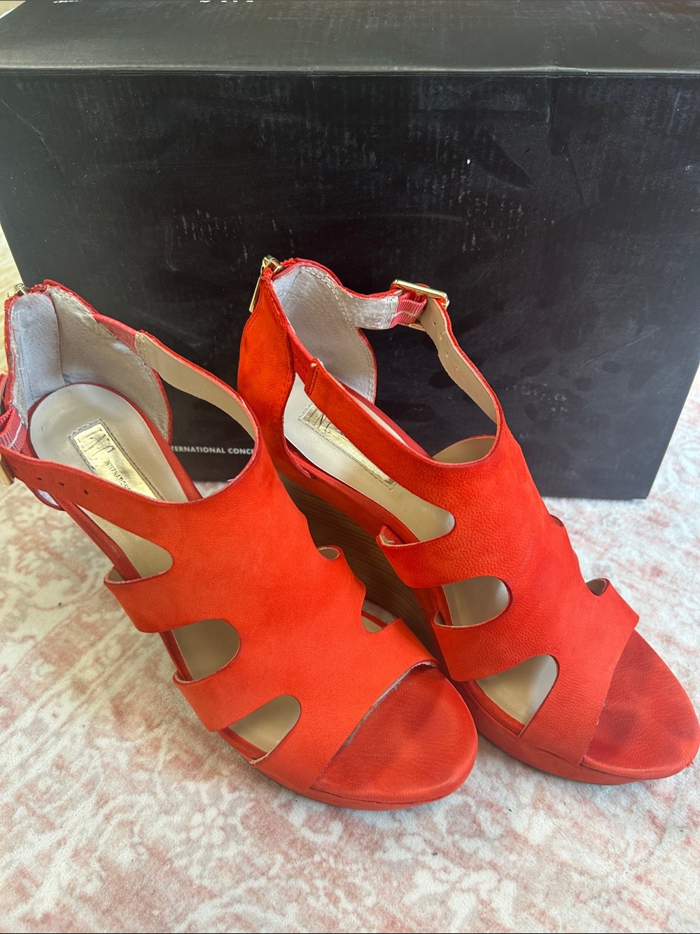 INC International Concepts Orange Suede Cutout Wedge Sandals